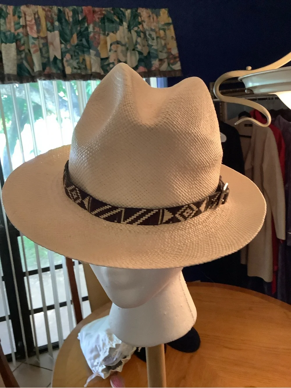 Men's Cream Straw Fedora with Black Band and Patterned Strap Band XXL